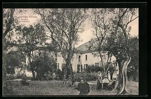 AK Gardone Riviera, Pension Goldstrand, Gartenansicht mit Damengruppe
