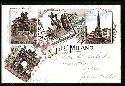 Lithographie Milano, Monumento a Vittorio Emanuele, Monumento a Giuseppe Garibaldi