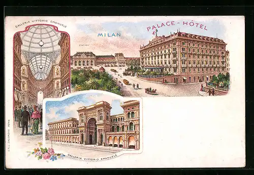 Lithographie Mailand, Strassenpartie mit Palace-Hotel und Bahnhof, Galleria Vittorio Emanuele