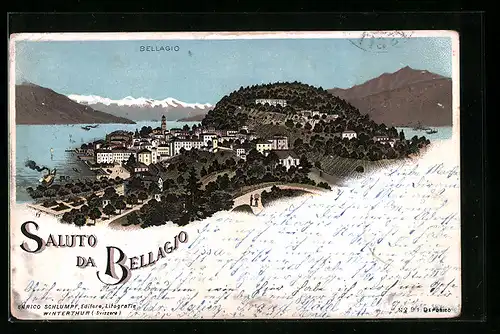 Lithographie Bellagio, Gesamtansicht mit Umgebung aus der Vogelschau