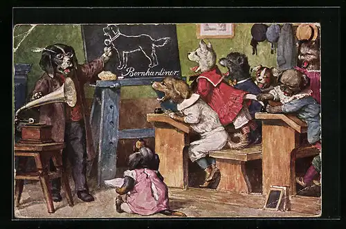 Künstler-AK Arthur Thiele: Hunde in der Schule mit einem Grammophon