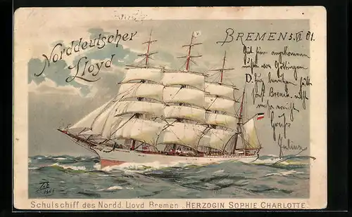 Künstler-AK Themistokles von Eckenbrecher: Segelschiff Herzogin Sophie Charlotte, Nordd. Lloyd Bremen