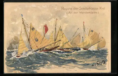 Künstler-AK Hans Bohrdt: Regatta der Sonderklasse Kiel, An der Wendemarke