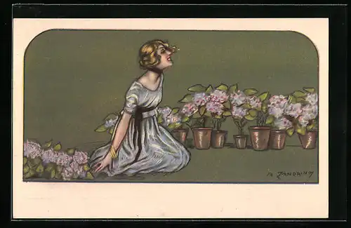Künstler-AK A. Zandrino: Eine Frau mit Blumentöpfen