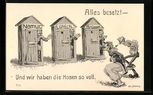 Künstler-AK H. Zahl: Toiletten mit Ortsnamen sind besetzt, Propaganda 1. Weltkrieg