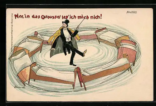 Künstler-AK Erich Kleinhempel: Bruno Bürger & Ottillie Nr. 6503: Mann im Betten-Karussel