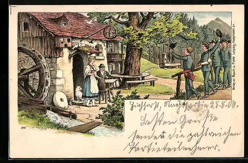 AK Wandervögel kommen an ein Gasthaus mit Wassermühle