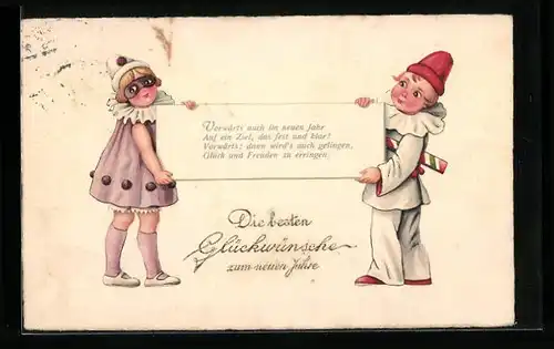AK Pierrot und Pierrette halten ein Schild, Neujahrsgruss