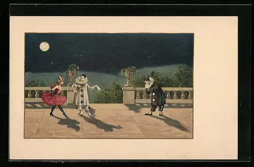 AK Pierrot und Pierrette mit Harlekin bei Mondschein