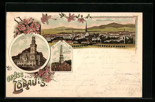 Lithographie Löbau i. S., Sieges-Denkmal, Rathaus