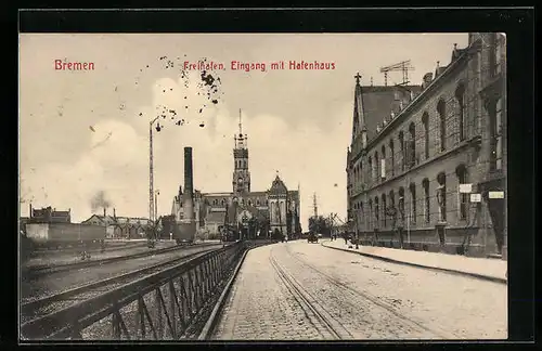 AK Bremen, Freihafen, Eingang mit Hafenhaus