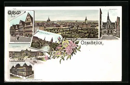 Lithographie Osnabrück, Parthie an der Hase, Central-Bahnhof, Kaiserl. Post