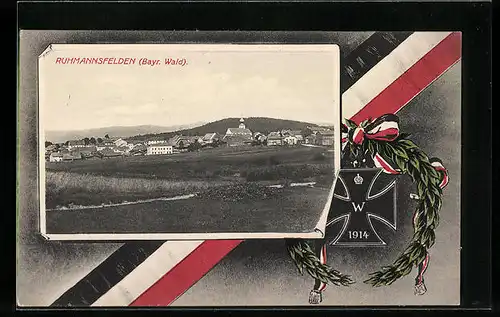 AK Ruhmannsfelden /Bayr. Wald, Ortsansicht mit Bergen