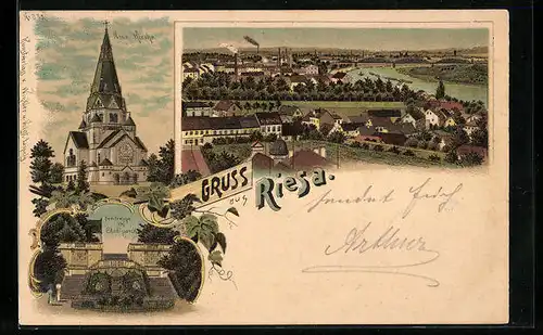 Lithographie Riesa, Freitreppe im Stadtparck, Neue Kirche