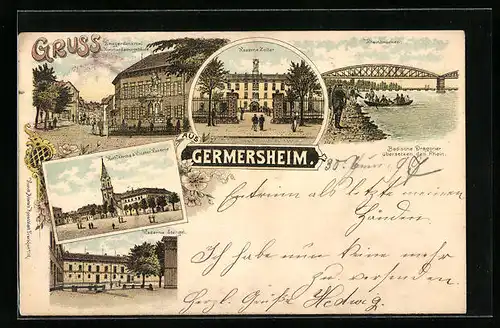 Lithographie Germersheim, Kaserne Zoller, Rheinbrücken, Kriegerdenkmal, Kaserne Stengel