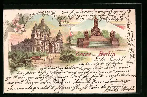 Lithographie Berlin, vor dem Neuen Dom, das Lutherdenkmal