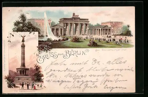 Lithographie Berlin, Wasserkunst vor dem Brandenburger Tor, die Siegessäule