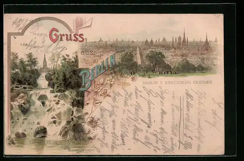 Lithographie Berlin, Generalansicht vom Kreuzberg aus, Wasserfall im Victoria Park