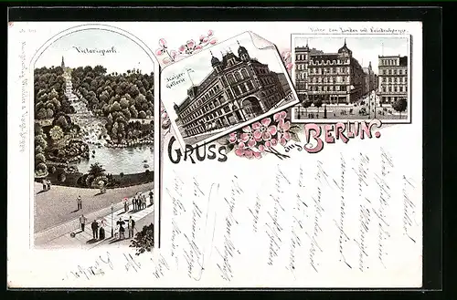 Lithographie Berlin, Blick auf den Victoriapark, die Kaiser Gallerie, Unter den Linden und Friedrichstrasse