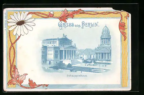 Lithographie Berlin, Gendarmenmarkt vor dem Schauspielhaus