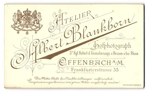 Fotografie Albert Bankhorn, Offenbach a. M., Frankfurterstr. 35, Königliches Wappen nebst Fotografenanschrift