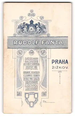 Fotografie Rudolf Fanta, Praha-Zizkov, royales Wappen mit Greifen und Monongramm des Fotografen