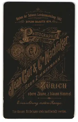 Fotografie Jena Gut & Cie. Nachfolger, Zürich, Anschrift des Fotografen in verschiedenen Schriftzügen