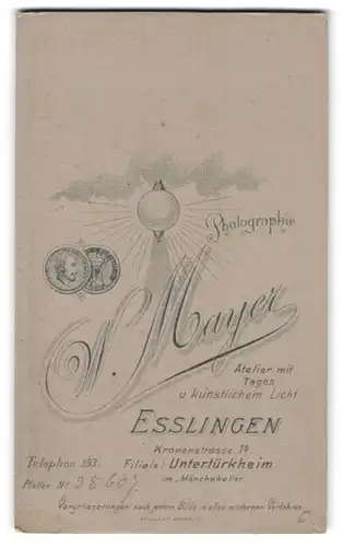 Fotografie W. Mayer, Esslingen, Kronenstr. 14, Elektrische Lampe beleuchtet Anschrift des Fotografen