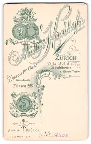 Fotografie Müller-Kirchhofer, Zürich, Seefeldstr. 21, Medaille und Wappen, Anschrift des Fotografen