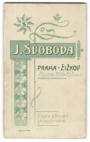 Fotografie J. Svoboda, Praha-Zizkov, Husova-trida 853, Monogramm des Fotografen im Stern, Verzierung