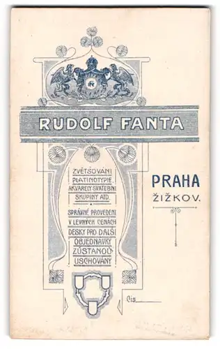 Fotografie Rudolf Fanta, Praha, Wappen mit zwei Greifen und Monongramm des Fotografen