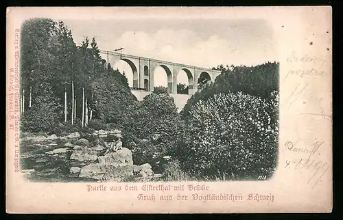 Relief-AK Jössnitz, Partie aus dem Elsterthal mit Brücke