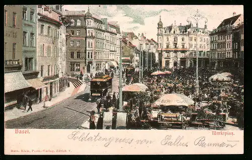 Relief-AK Basel, Marktplatz mit Strassenbahn