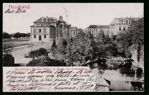 Relief-AK Neuchâtel, Academie, Jardin Defor et Ecole du Commerce