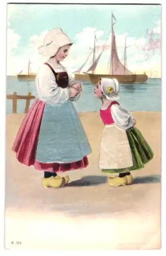 Stoff-Präge-AK Niederländische Mutter und Tochter in Echtstoffkleidern