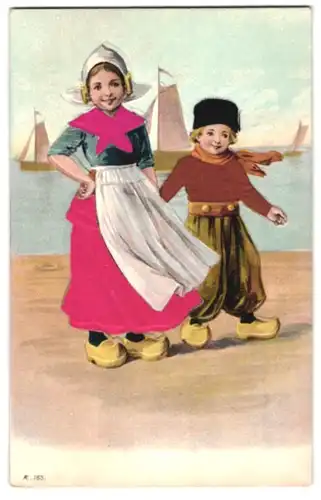 Stoff-Präge-AK Niederländisches Fräulein mit ihrem Bruder, Echtstoff Kleider