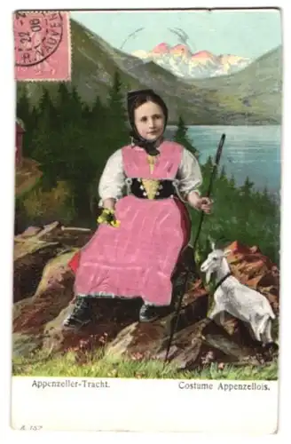 Stoff-Präge-AK Mädchen in Appenzeller-Tracht, Echtstoff