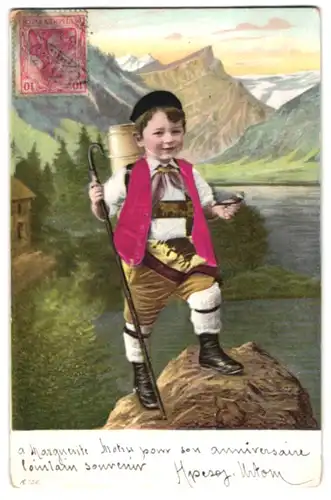 Stoff-Präge-AK Schweizer Bub mit Weste aus Echtstoff