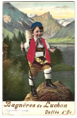 Stoff-Präge-AK Schweizer Bub in Tracht, Weste und Mütze aus Echtstoff