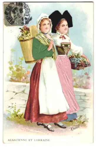 Stoff-Präge-AK Alsacienne et Lorraine, elsass-lothringische Tracht, Echtstoff-Kleider