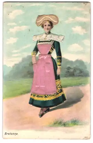 Stoff-Präge-AK Bretonnin in Tracht, Schürze und Haube aus Echtstoff
