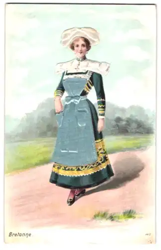 Stoff-Präge-AK Bretonin in Tracht mit Echtstoffelementen