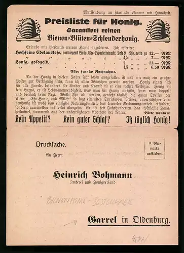 Klapp-AK Garrel, Bestellkarte Heinrich Bohmann Imkerei und Honigversand