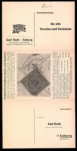 Klapp-AK Coburg, Reklame Carl Koch, Fahnenstickerei, Querstrasse 8