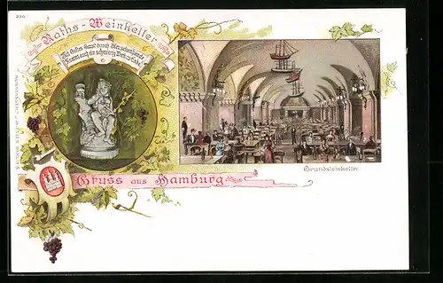 Lithographie Hamburg, Gasthaus Rats-Weinkeller, Innenansicht Grundsteinkeller