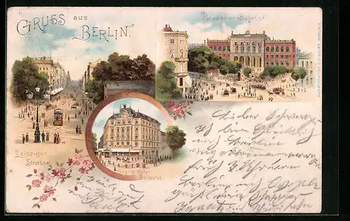 Lithographie Berlin, Grand-Hotel Bellevue, Potsdamer Bahnhof, Leipziger Strasse mit Strassenbahn