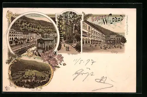 Lithographie Wildbad, Trinkhalle, Kurplatz, Königliche Anlagen