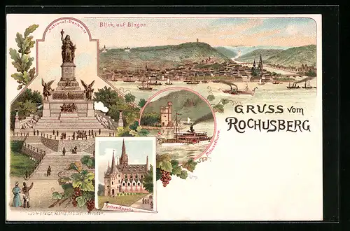 Lithographie Bingen, Blick vom Rochusberg auf den Ort, National-Denkmal, Rochus-Kapelle