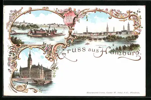 Lithographie Hamburg, Rathaus, Alsterlust, Lombardsbrücke