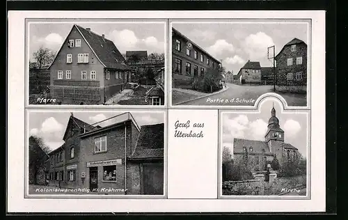 AK Utenbach, Kolonialwarenhandlung Kl. Krähmer, Kirche, Pfarre